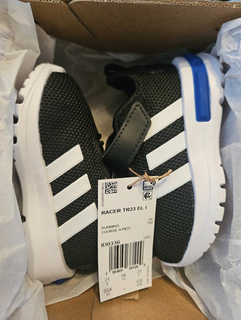 adidas Kids Racer TR23 EL I Black White with Blue Accent Sneakers SIZE 5.5 UK